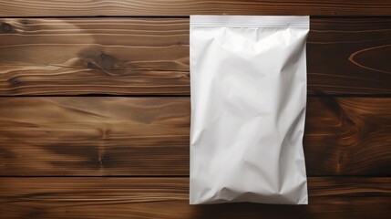 Top view of white packaging bag on a wooden table.