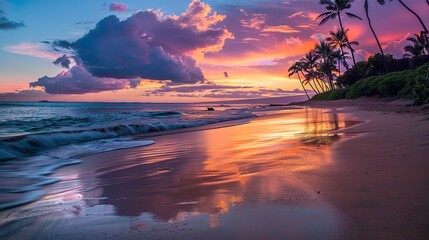 A serene beach at sunset with colorful sky reflecting on the wet sand