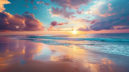 A serene beach at sunset with colorful sky reflecting on the wet sand