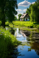 Fototapeta na wymiar Idyllic Summer Farmhouse Scene - Rural Life Bathed in Warmth and Serene Beauty