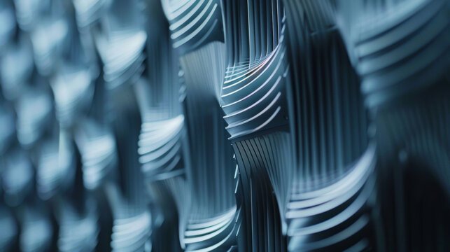 A meticulous array of thin vertical strips made up of alternating layers of metal and plastic material mimic the design of a beehive. unique shape creates a formidable