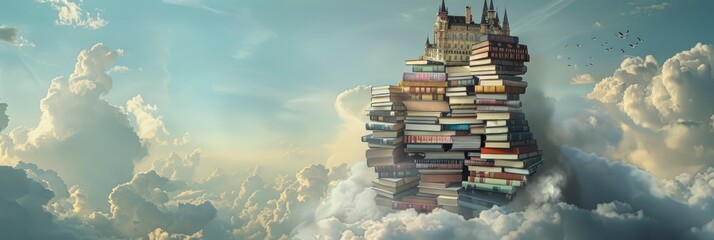 A tall tower made of books, floating in the sky surrounded by clouds. The top part is spiky and has two small towers on each side - obrazy, fototapety, plakaty
