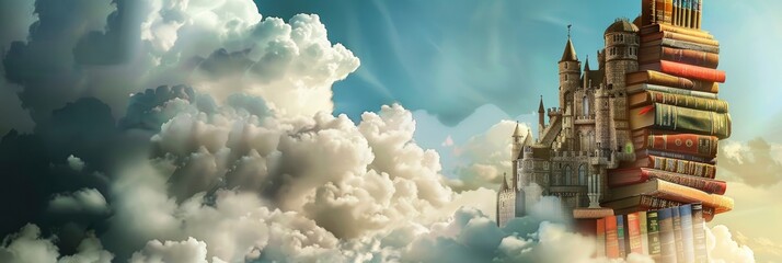 A tall tower made of books stands majestically in the clouds with an enchanting backdrop of fluffy white clouds and a blue sky