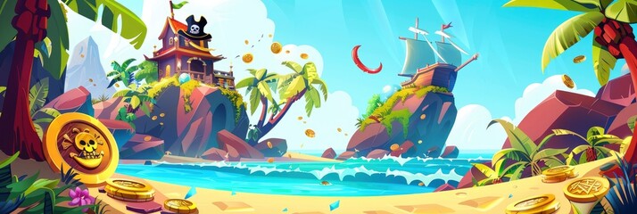 A cartoon pirate island with gold coins and palm trees, yellow sand on the beach