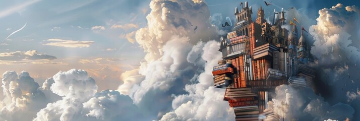 A fantasy depiction of the cloud castle, perched atop fluffy white clouds in an open sky - obrazy, fototapety, plakaty