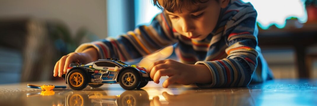 A young boy is playing with his toy car on the table, surrounded by bright lights and reflections of light
