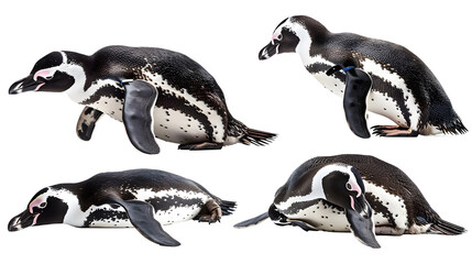 African penguin collection (portrait, lying, standing) isolated on a white background, animal bundle
