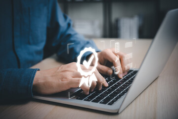 Businessman working with sign of the top service Quality assurance, Guarantee, Standards, ISO certification and standardization concept.