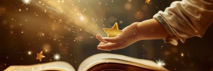 A hand holding an open book with stars and light beams coming out of it, representing the story that has been shared - obrazy, fototapety, plakaty