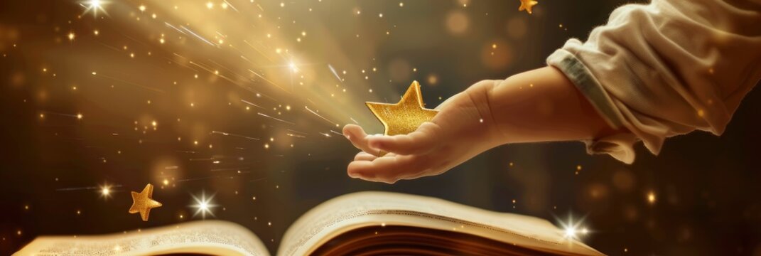 A hand holding an open book with stars and light beams coming out of it, representing the story that has been shared