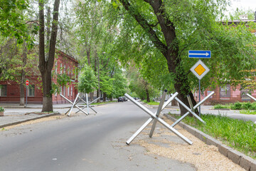 iron barricades on the road side in kharkiv city