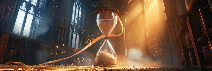 A magical hourglass with golden sand flowing inside, suspended in the air of an ancient cathedral - obrazy, fototapety, plakaty