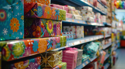 Fototapeta na wymiar A stack of wrapped gifts on a store shelf awaiting their new owners.