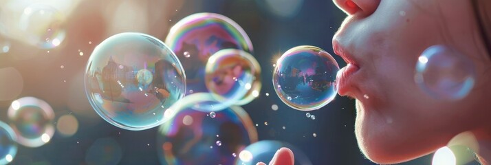 A closeup of bubbles being blown by an adult, with the focus on their delicate and colorful appearance against a blurred background - obrazy, fototapety, plakaty