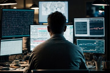 Rear view of a man sitting at the desk in front of multiple computer screens with stock market data.