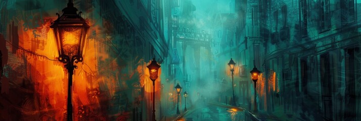 Night street lamp painting, street lamp in the city, turquoise and amber tones, mysterious light, blurred background - obrazy, fototapety, plakaty