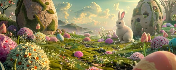 A Magical Easter Odyssey: Surreal Sceneries and Whimsical Wonders Await in a Dreamy Landscape - obrazy, fototapety, plakaty