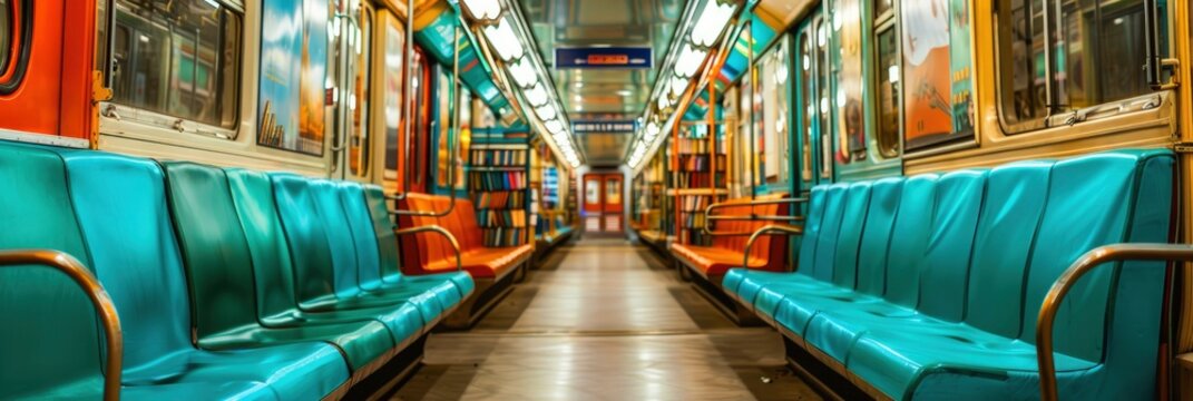 A colorful train with blue seats and orange accents, featuring art deco designs