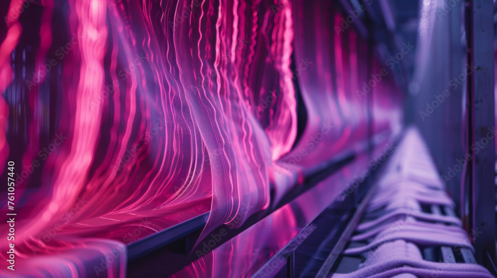 Poster zoomed in on a textile machine capturing the precise moment when the photoluminescent pigments are b