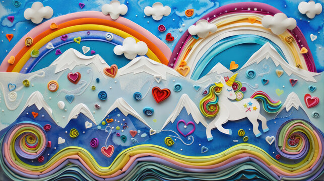 rainbows and clouds and mountains and hearts and a unicorn. Lots of detail swirls and texture. layered paper. naive art