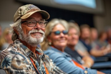 A smiling man in a camo hat at an event with others.