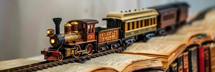 A model train set made of books, with one book as the engine and several others forming tracks for an enchanting reading adventure - obrazy, fototapety, plakaty
