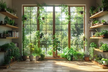 Fototapeta na wymiar A sunlit room with large windows showcasing a lush indoor garden with a variety of houseplants.