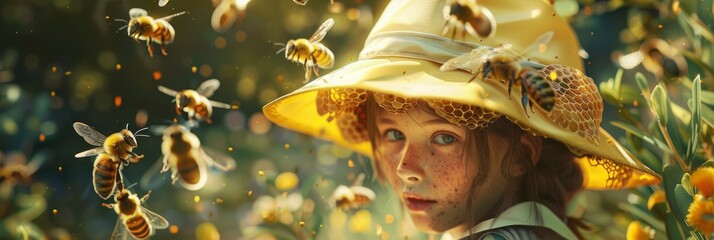 A young girl wearing an oversized beekeeper hat, surrounded by bees in the garden