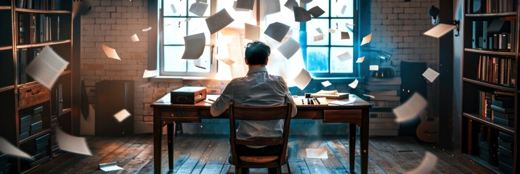 A person sitting at their desk, surrounded by scattered papers and books as they work on writing an epic story