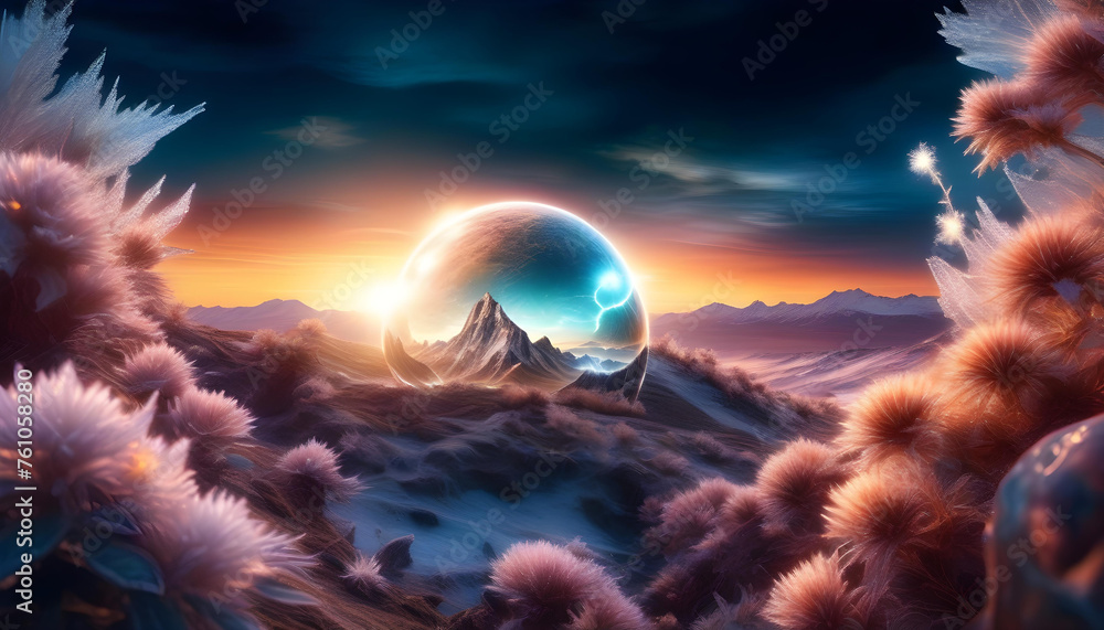 Wall mural a digital illustration of an imaginary planet with frost surrounded by crystal structures