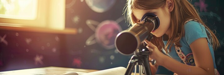A girl looks through the telescope in her bedroom, which is decorated with stars and planets