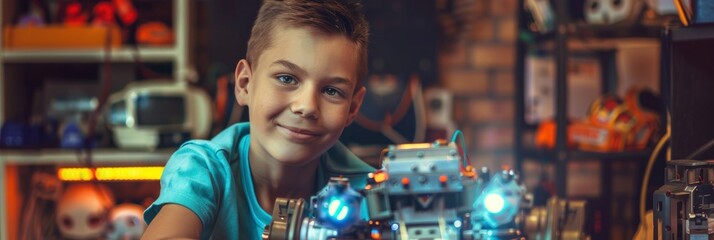 a young boy smiling and playing with lego technic, in the background is an old toy shop with a blue light up car on display, cinematic, hyper realistic - obrazy, fototapety, plakaty