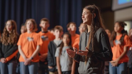 A student leader stands on a stage surrounded by their volunteer team as they celebrate the success of their latest community service project. Their faces display pride and