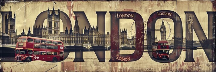 The word " London" made from old English letters, with the silhouette of Big Ben and double decker bus in background
