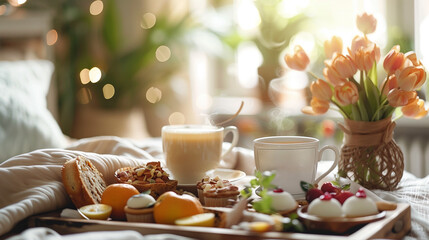 A beautifully arranged tray of food and a steaming cup of coffee resting on a cozy bed, exuding...