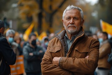 Determined older man crossing arms at a social justice rally. - obrazy, fototapety, plakaty