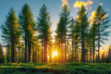Obraz premium Tall pine trees against a sunset sky with undergrowth illuminated.