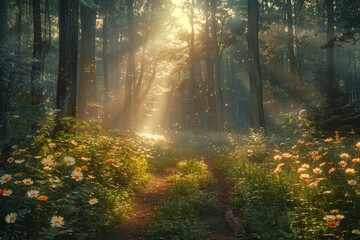Forest pathway lit by a golden sunrise with blooming flowers.