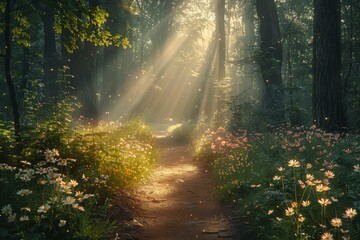 Forest pathway lit by a golden sunrise with blooming flowers.