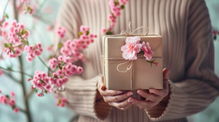 A woman stands in a field of vibrant pink flowers, holding a beautifully wrapped gift box in her hands, Mother and daughter, Mother`s Day concept