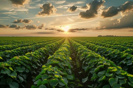 Early stage soy field with open field agriculture at sunset