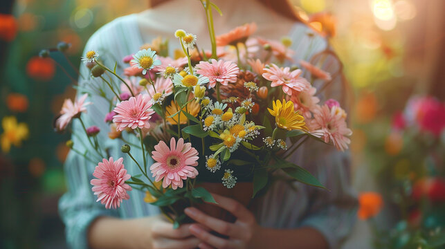 A woman with gentle hands holds a vibrant bouquet of flowers, each bloom reflecting the ethereal beauty of nature,Mother and daughter, Mother`s Day concept