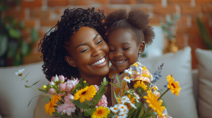 A black woman tenderly holds a child in one arm while carrying a vibrant bouquet of flowers in the...