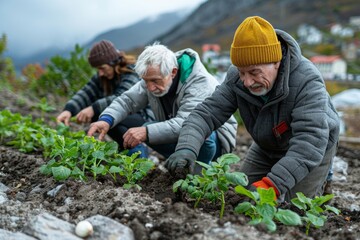 Elderly friends work together planting in a community garden, fostering growth and companionship.