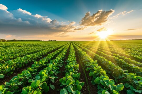 Early stage soy field with open field agriculture at sunset