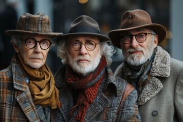 Three elderly individuals in fashionable hats and scarves portray timeless style.