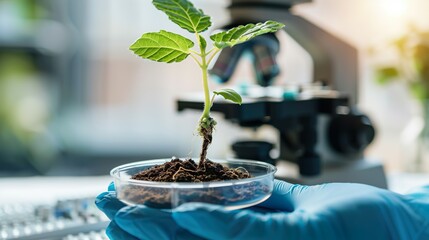 Close up of biologist's hand with protective gloves holding young plant with root above petri dish with soil. Microscope in background. Biotechnology, plant care and protection concept.