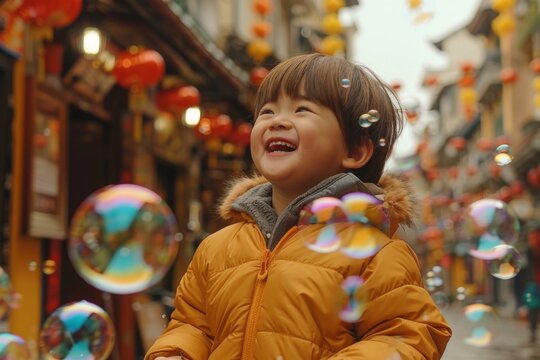 Smiling boy in a yellow jacket enjoying soap bubbles in a traditional street setting.
