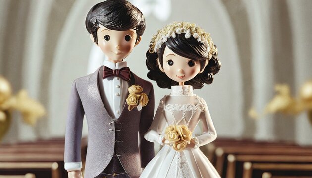 Marriage. 3D illustration of bride and groom in church. Dolls.
