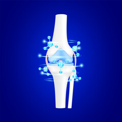 Knee joint and blue molecules vitamins collagen minerals magnesium boron calcium surrounding radius to protect bone cartilage arthritis. For advertising medical supplements. Vector EPS10.
